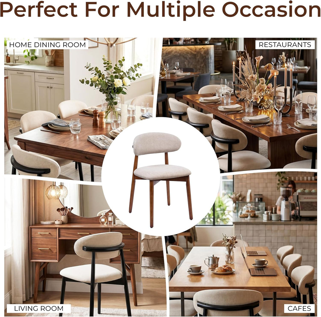 Mid Century Modern Dining Chairs Set of 4, Farmhouse Wooden Fabric Upholstered Kitchen Chairs with Curve Back, Dining Room Chairs for Living Room Restaurant Cafe with Brown Legs, Camel