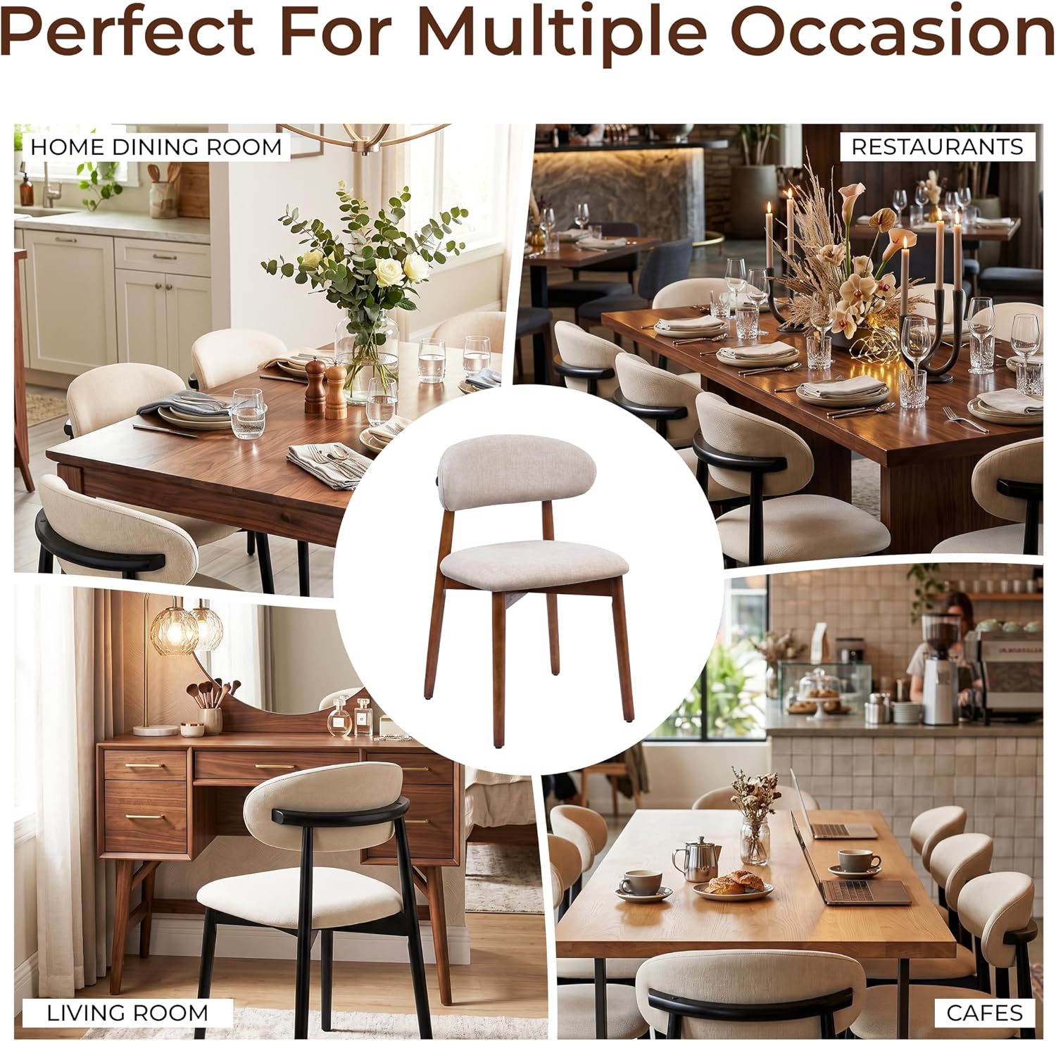 Mid Century Modern Dining Chairs Set of 6, Farmhouse Wooden Fabric Upholstered Kitchen Chairs with Curve Back, Mid-Century Dining Room Chairs for Living Room Restaurant Cafe with Brown Legs, Camel