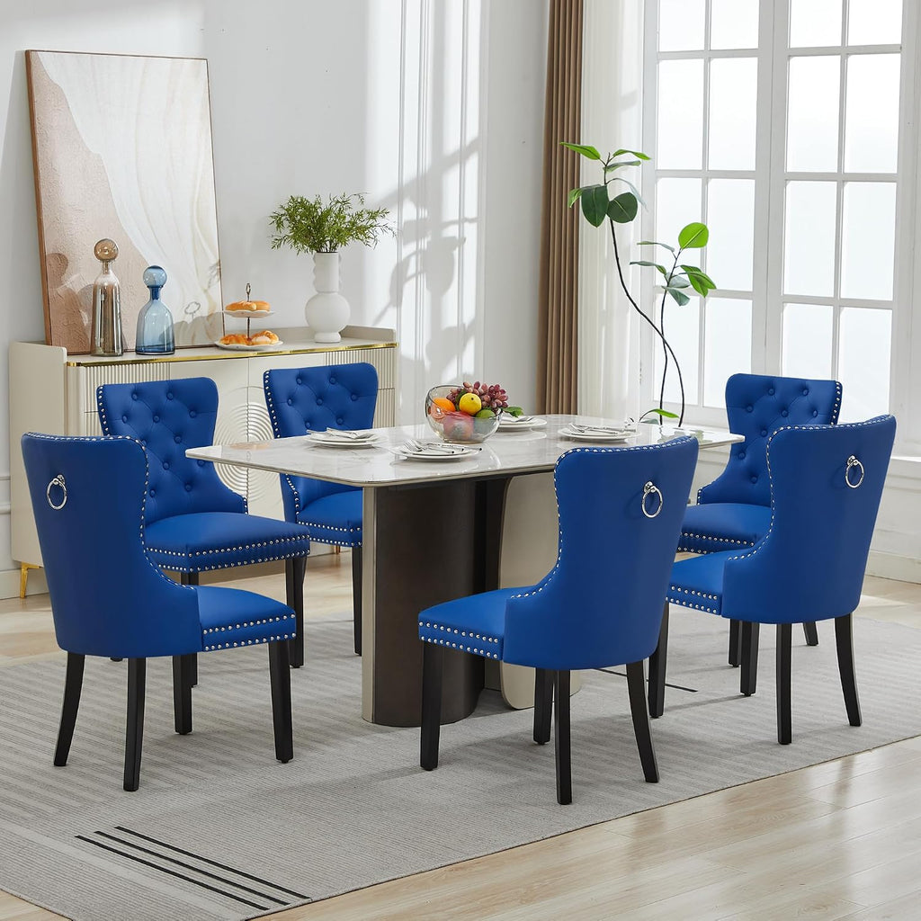 adochr PU Leather Dining Chairs Set of 6, Tufted Upholstered Dining Room Chair with Pull Ring and Solid Wood Legs, Blue