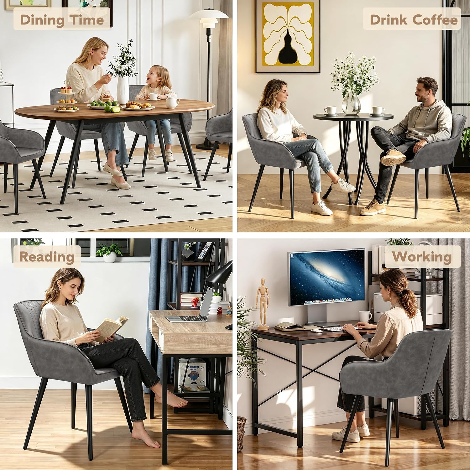 Awonde Faux Leather Dining Chairs with Arms Set of 2, Mid Century Modern Upholstered Accent Arm Chairs with Metal Legs, Side Chairs for Living Room Bedroom Dining Office Apartment, Grey