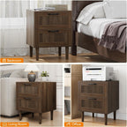 Smart FENDEE Fluted Nightstand with 2 Drawers, Bedside Table with Solid Wood Legs, Mid-Century Modern End Table for Bedroom, Home Office, Walnut