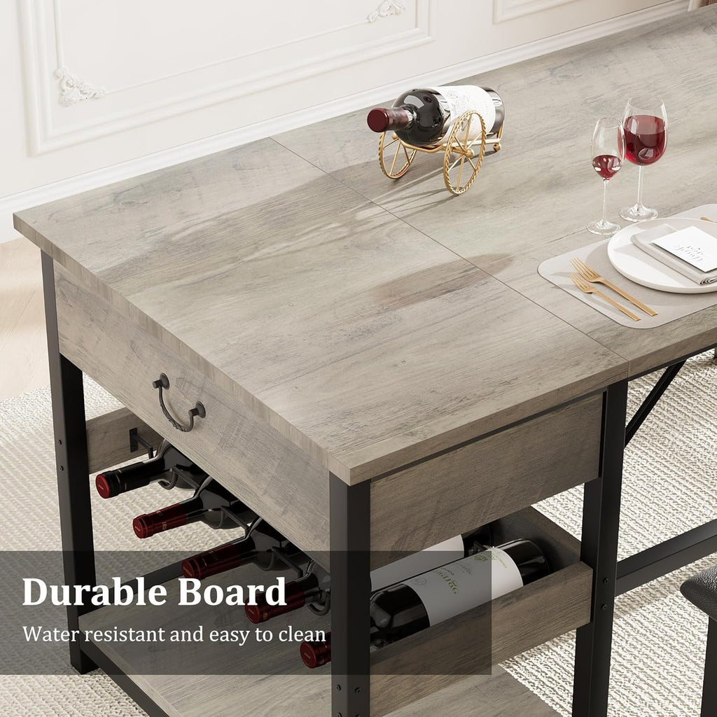GarveeHome Dining Table Set for 4, Kitchen Dining Table Set with Upholstered Benches, Kitchen Dining Room Table with Storage Drawers & Wine Rack for Small Space, Light Grey