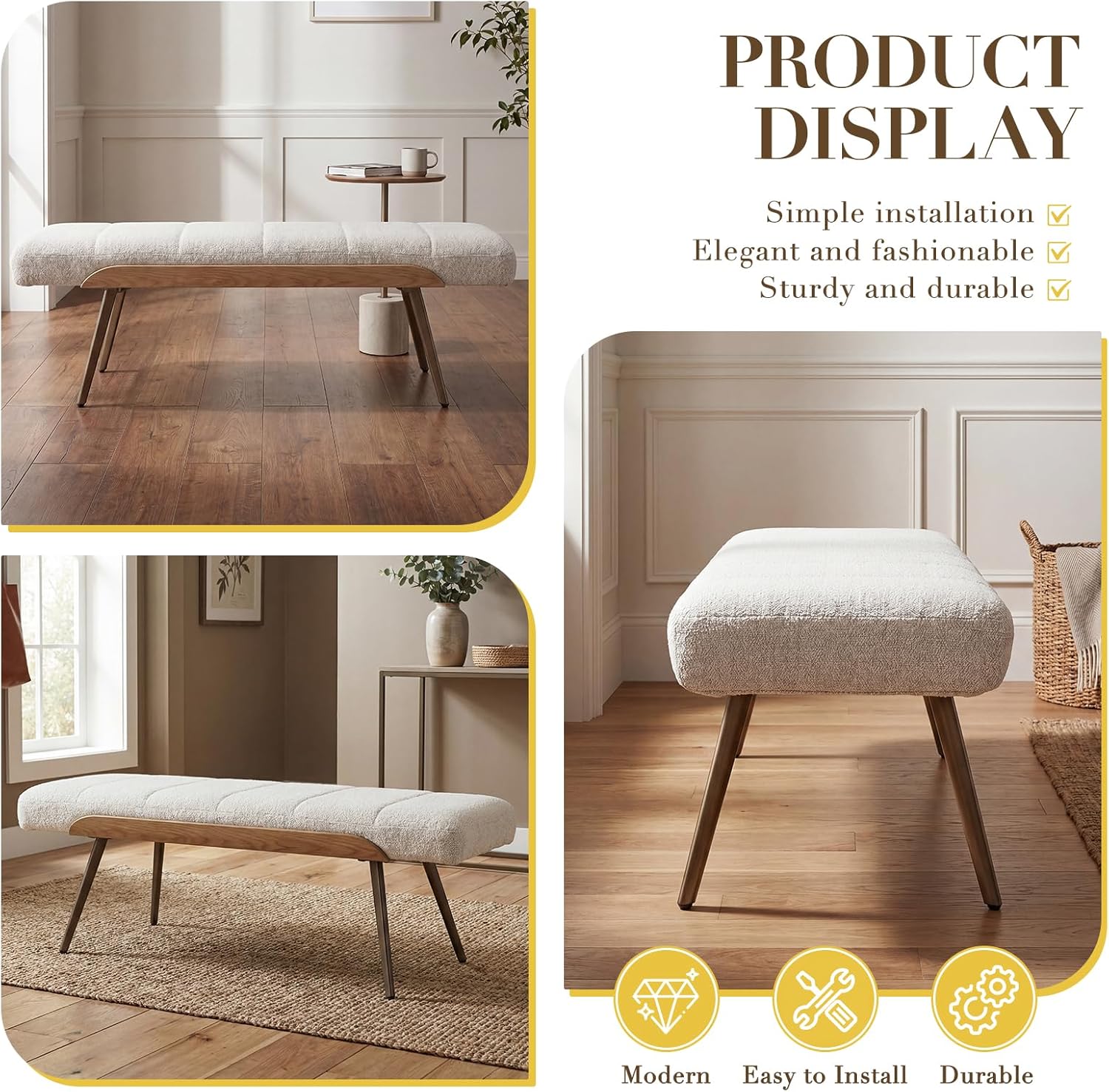 EALSON Modern Ottoman Bench, Upholstered Boucle Fabric Entryway Bench with Metal Legs, 49.5” Cozy Dining Bench for Bedroom Living Room, Beige