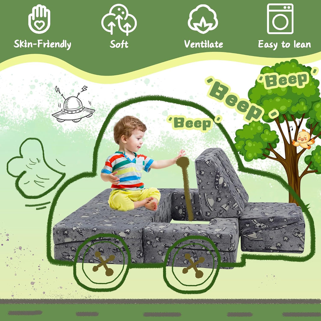Kids Play Couch,3 in 1 Modular Toddler Sofa Glow in The Dark, Imaginative Foam Play Couch for Toddler and Baby, Convertible Kids Sofa for Playroom & Bedroom, Spacecraft