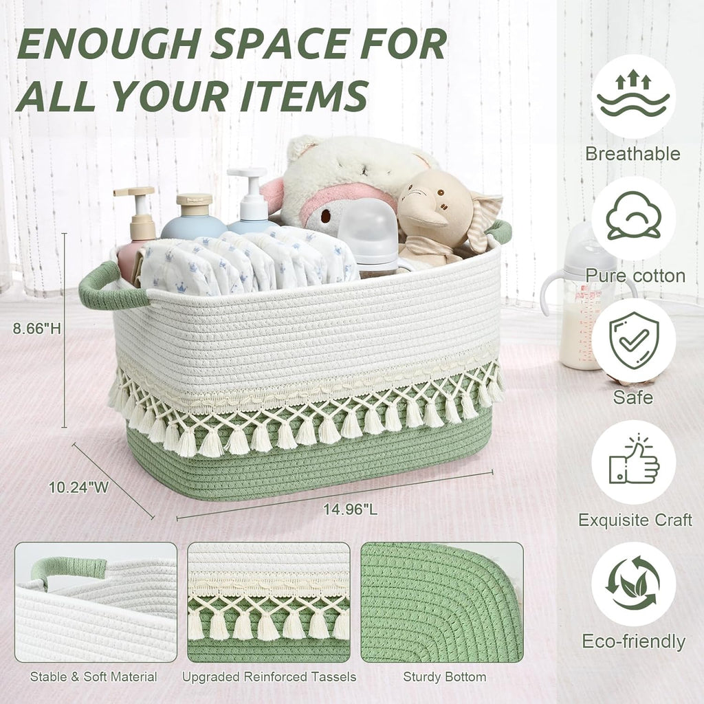 2 Pack Storage Basket, Heavy Tassel Woven Baskets for Storage, Boho Cotton Rope Storage Bin, Cube Organizer Bins, Baby Laundry Basket for Clothes, Toys, Diapers, Pets（White & Green）