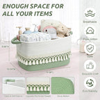 2 Pack Storage Basket, Heavy Tassel Woven Baskets for Storage, Boho Cotton Rope Storage Bin, Cube Organizer Bins, Baby Laundry Basket for Clothes, Toys, Diapers, Pets（White & Green）