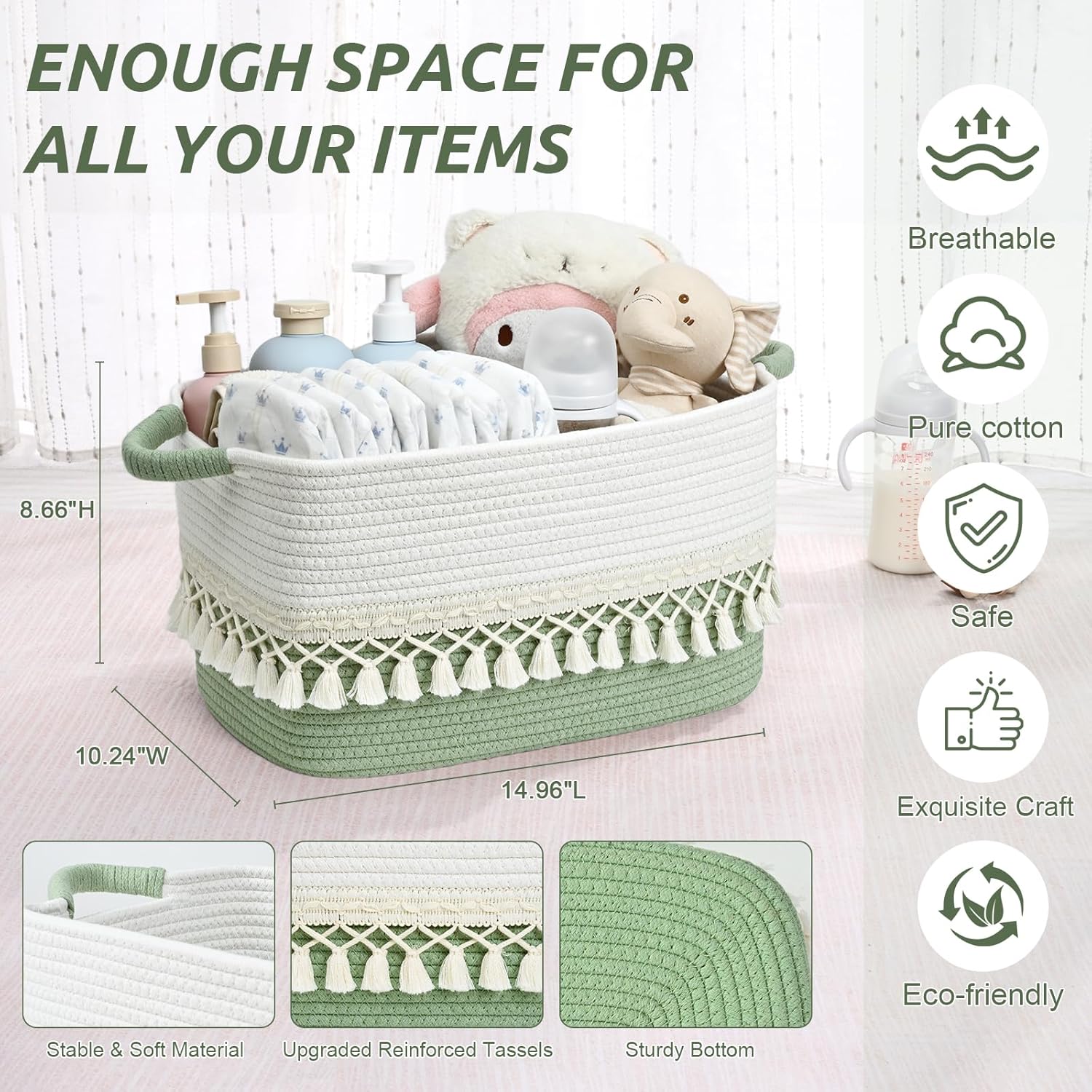 2 Pack Storage Basket, Heavy Tassel Woven Baskets for Storage, Boho Cotton Rope Storage Bin, Cube Organizer Bins, Baby Laundry Basket for Clothes, Toys, Diapers, Pets（White & Green）