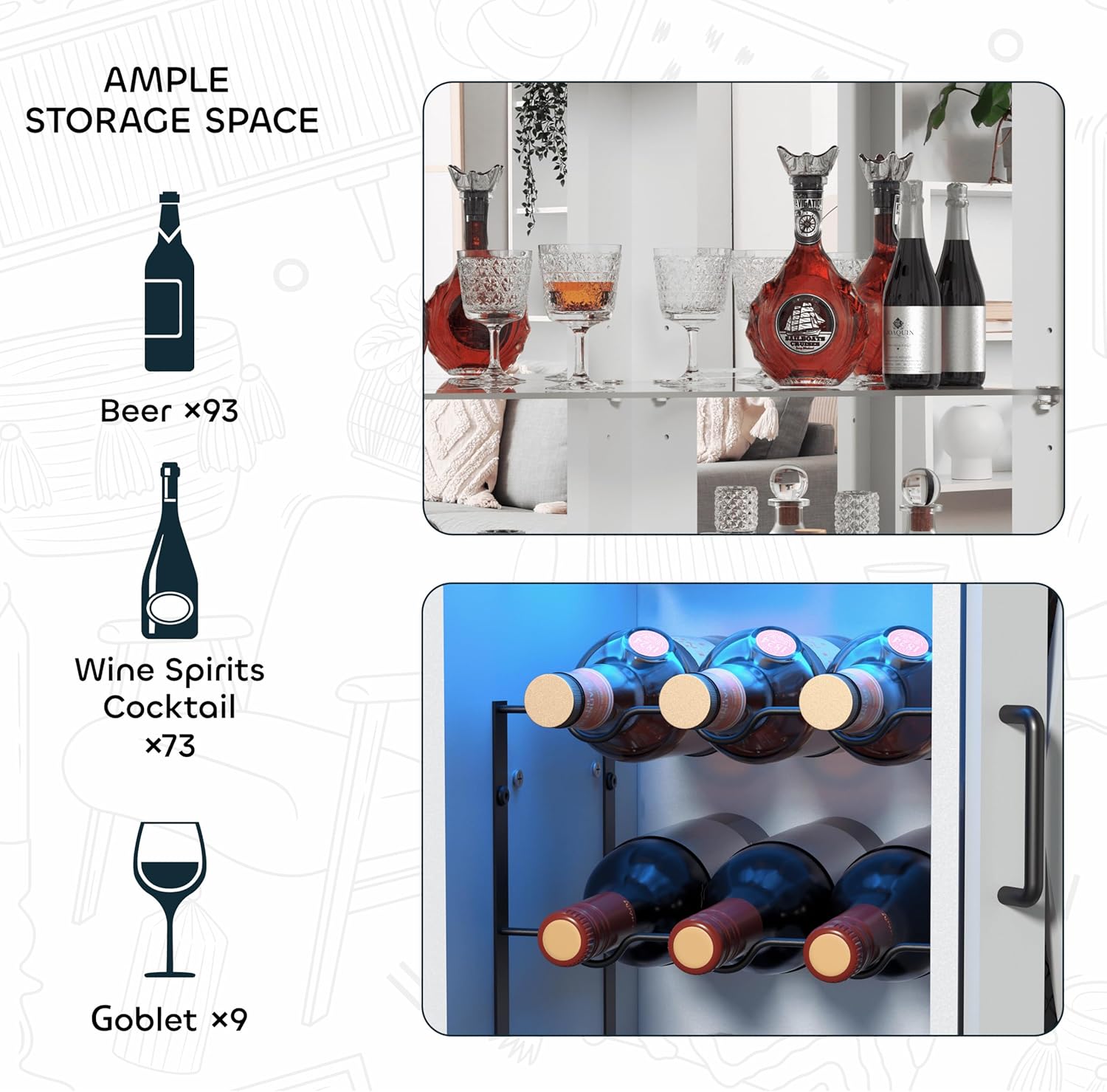 Oransail 68.9“ Tall Corner Bar Cabinet, Wine Bar with LED Light and Mirror, Farmhouse Liquor Cabinet with Adjustable Shelf & Glass Rack, for Dining Room, Living Room