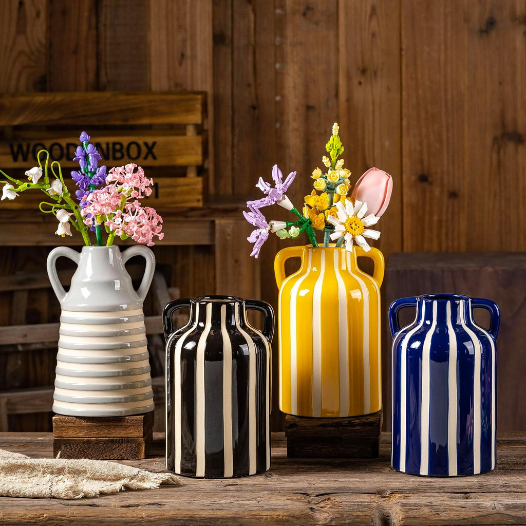 SURE YUESI Black Ceramic Vase with Handles, Modern Farmhouse Striped Decorative Vase, 9.1" Art Deco Tall Flower Vases for Pampas Grass, Shelf Decor, Dining Table Centerpiece, Living Room Home Decor