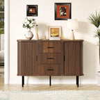 47'' Fluted Cabinet with Storage, Walnut Buffet Cabinet Sideboard with Sliding Door, 3 Drawers & Adjustable Shelf, Mid Century Coffee Bar, Curved Edge Design Storage Cabinet for Kitchen, Living Room