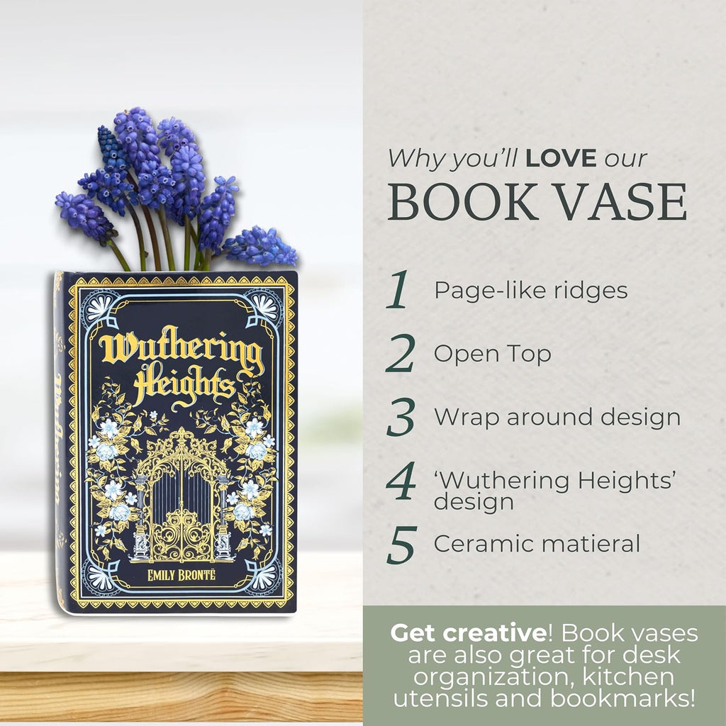 Steel Mill & Co Original Book-Shaped Decorative Vase, Ceramic Vases for Home Decor, Cute Bookshelf Decor, Unique Vase for Book Lovers (Large - Wuthering Heights)