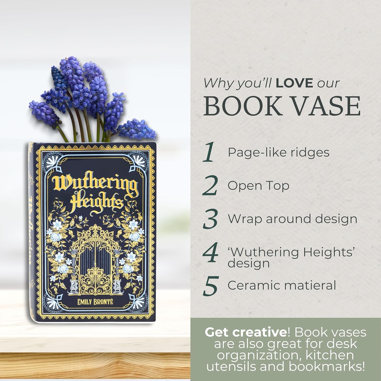 Steel Mill & Co Original Book-Shaped Decorative Vase, Ceramic Vases for Home Decor, Cute Bookshelf Decor, Unique Vase for Book Lovers (Large - Wuthering Heights)