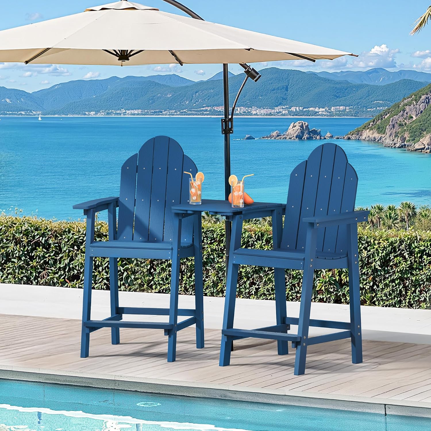 LUE BONA Tall Adirondack Chair Set of 2, All Weather HDPS Bar Height Chairs with Aluminum Legs, Detachable Table & Umbrella Hole for Patio, Deck, Backyard & Commercial Use Navy Blue