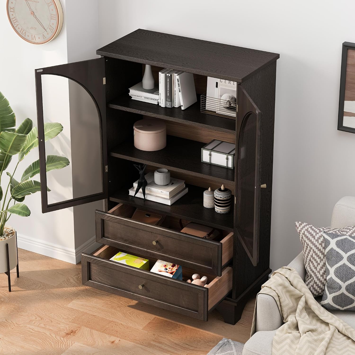 52.17" Tall Display Cabinet with Arched Glass Doors (Brown) | Farmhouse Curio Cabinet Display Case with 2 Storage Drawers and Adjustable Shelves, Glass Display Cabinets for Living Room
