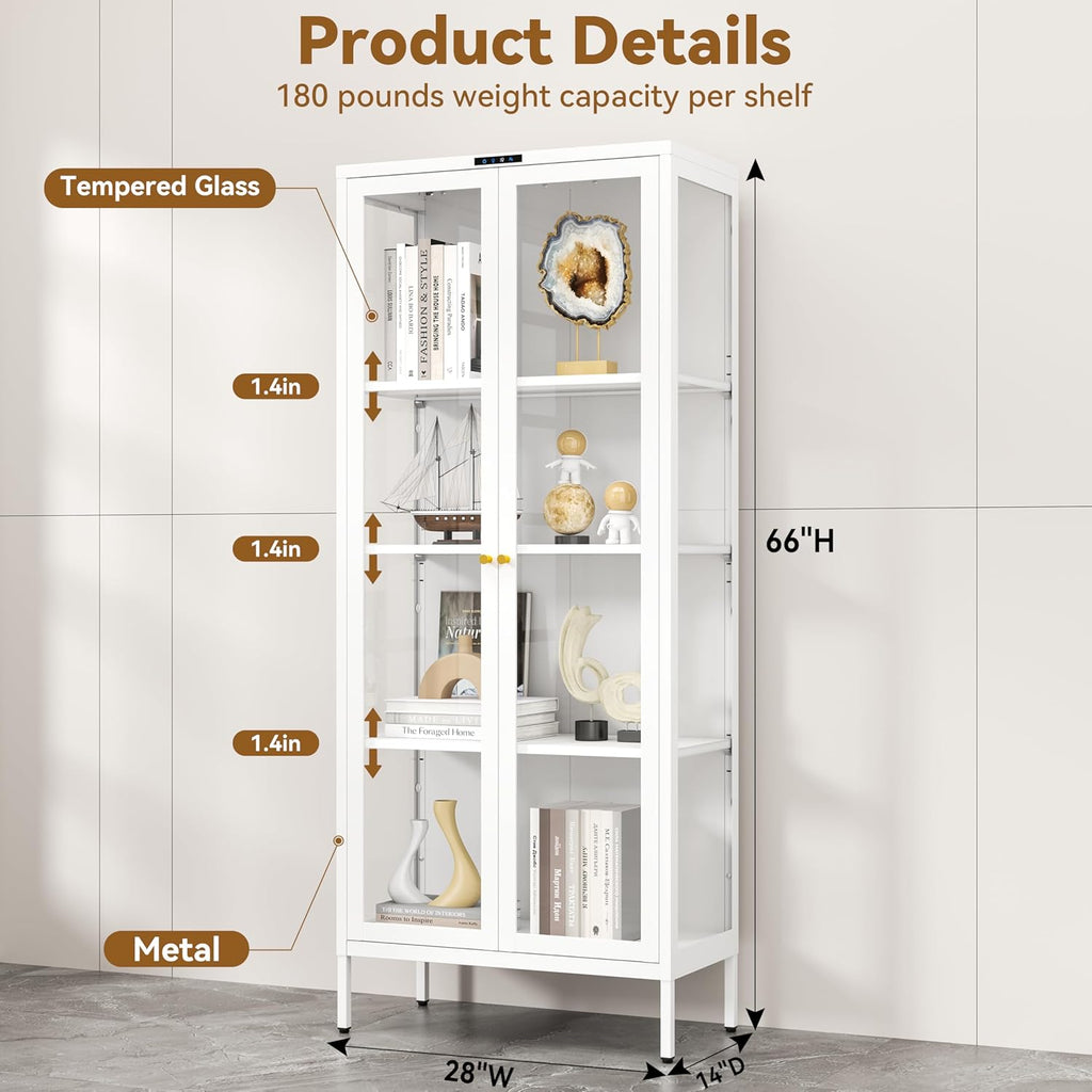 Polup Metal Glass Display Cabinet with Glass Doors, Lighted Curio Cabinet with 8-Color LED Lights, 66 Inch Tall Display Case for Collectibles, Plants, White Glass Cabinet for Living Room