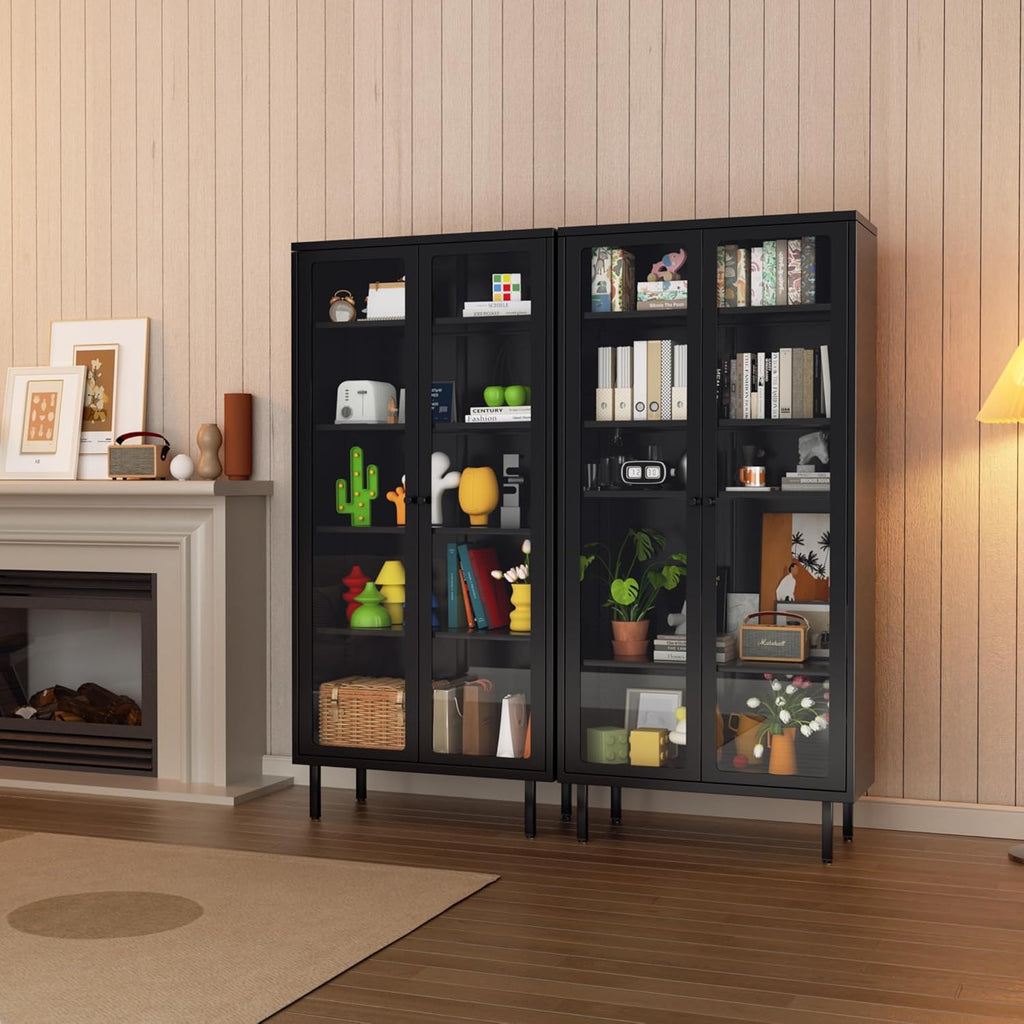 INTERGREAT Glass Display Cabinet, Metal Curio Cabinet with Tempered Glass Doors & Adjustable Shelves, Metal Storage Cabinets for Living Room, School, Plant, Black, Assembly Required