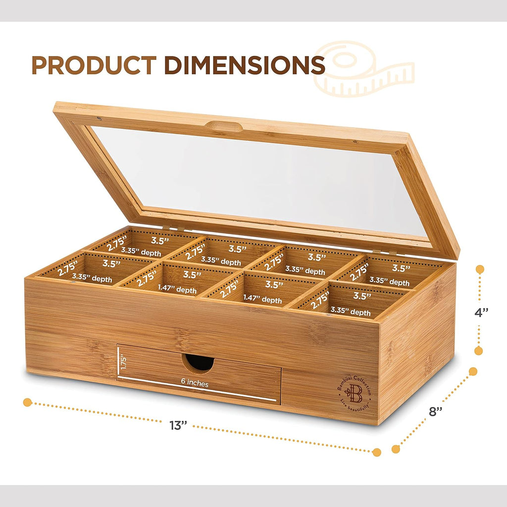 Bamboo Tea Bag Organizer Box - 8 Compartment Tea Storage Box with Acrylic Lid, Magnetic Closure and Drawer, Tea Bag Holder for Kitchen Counter, Tea Organizer, Tea Box, Gift for Mom Wife Tea Lovers