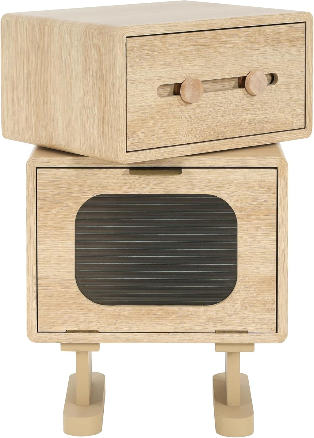Merax Rotatable Robot End Table with Drawer and Cabinet, Creative MDF Storage Side Table Living Room Office Accent Table Bedroom Nightstand, 16"x12"x26", Natural Color