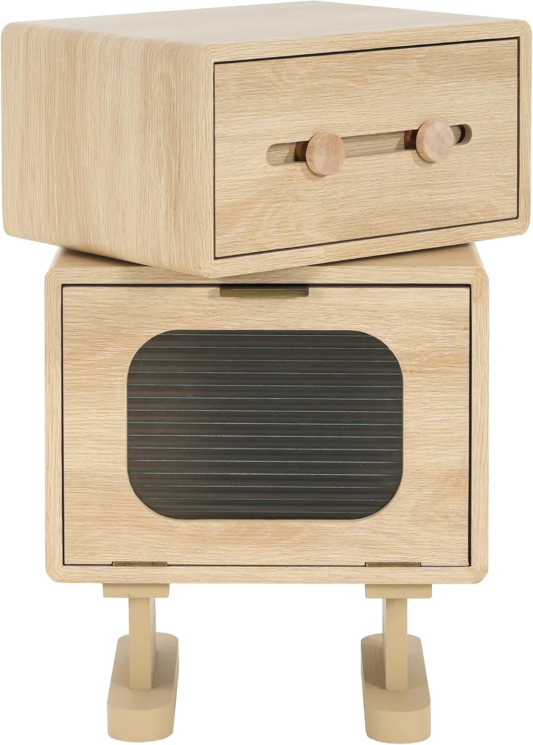 Merax Rotatable Robot End Table with Drawer and Cabinet, Creative MDF Storage Side Table Living Room Office Accent Table Bedroom Nightstand, 16"x12"x26", Natural Color