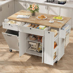 Kitchen Island with Storage, Island Table for Kitchen with Drop Leaf and Power Outlet, Rolling Kitchen Island with Trash Cabinet, Spice Rack & Towel Rack, White