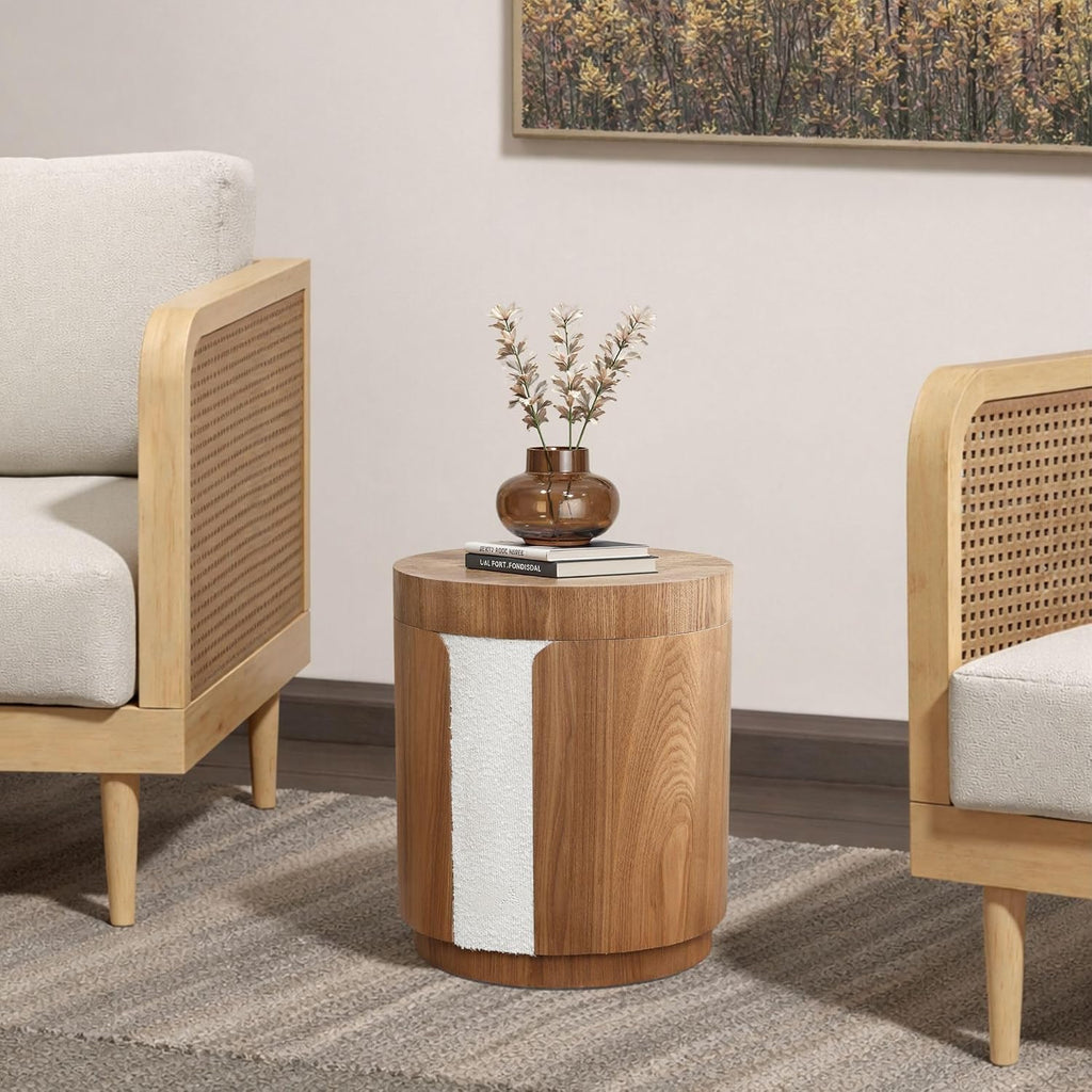 LuxenHome Modern End Table with Storage, 18.5” Wood Round Side Table with Ash Veneer, Nightstand Bedside Tables for Bedroom, Sofa Accent Tables for Living Room, Entryway, Office, Couch