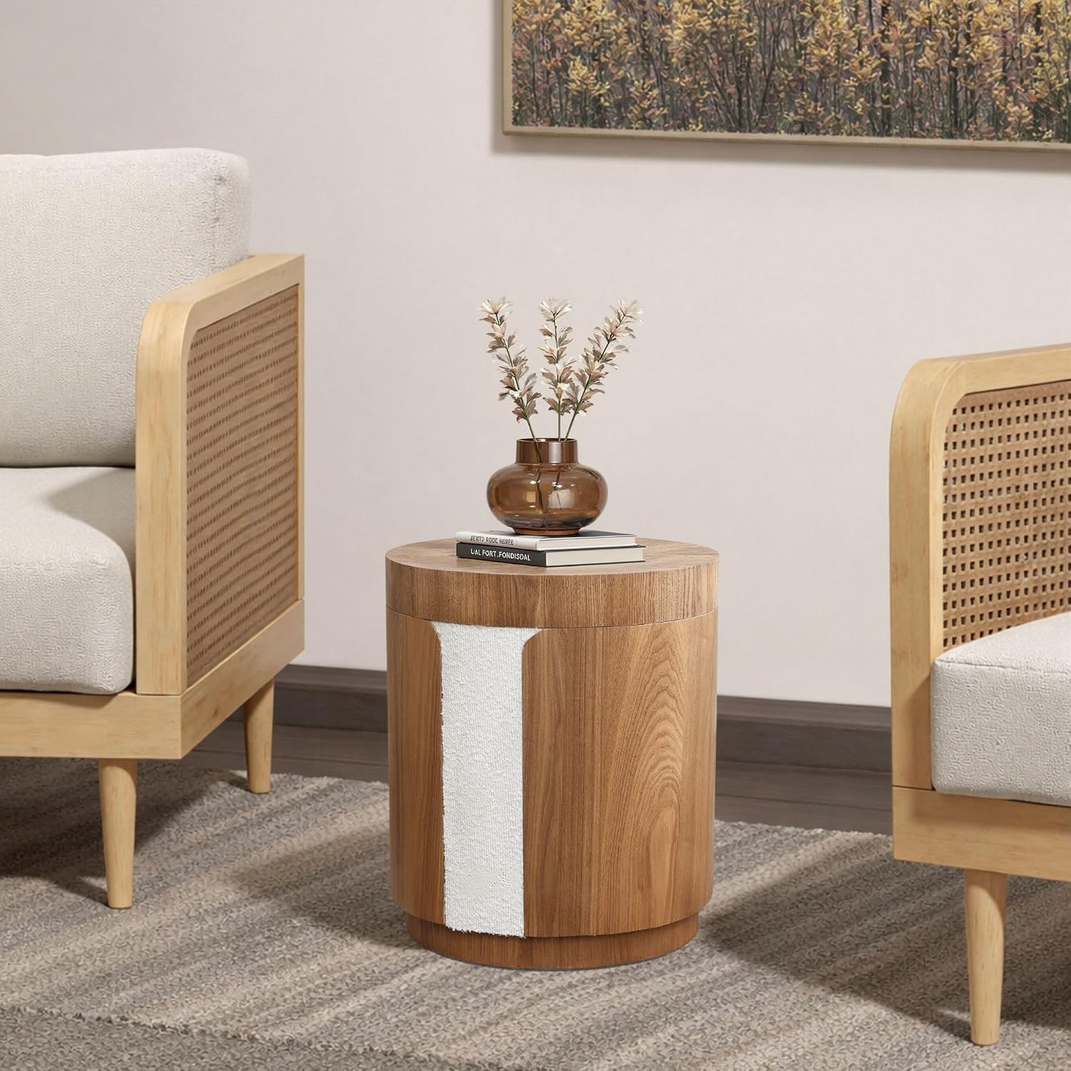LuxenHome Modern End Table with Storage, 18.5” Wood Round Side Table with Ash Veneer, Nightstand Bedside Tables for Bedroom, Sofa Accent Tables for Living Room, Entryway, Office, Couch