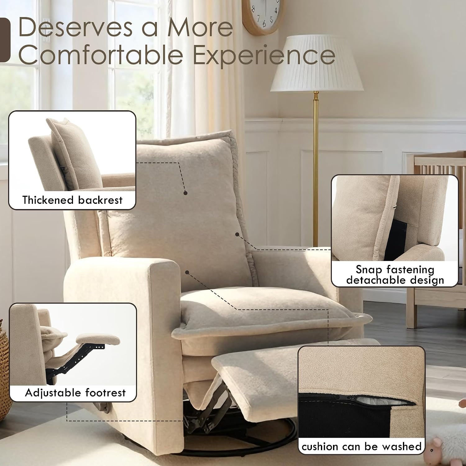 Nursery Glider Recliner Rocking Chair Modern Adult Nursery Recliner High Back Nursery Swivel Rocker Recliner for Living Room Bedroom Nursery and RV Beige