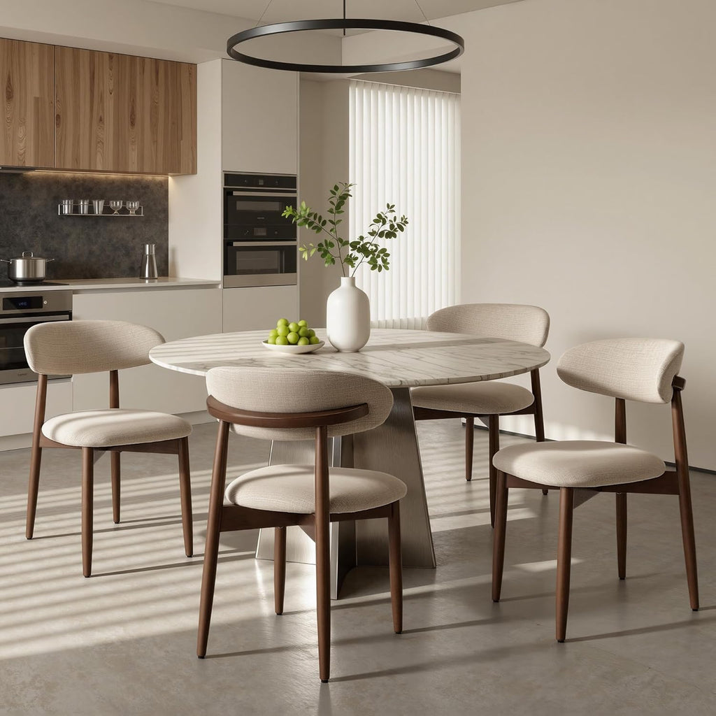 COLAMY Mid-Century Modern Wooden Dining Chair Set of 4, Indoor Upholstered Kitchen Chairs with 2.6" Cozy Padded Seat, Walnut Finish Side Dining Chair for Dining Room & Kitchen, Beige
