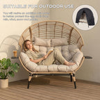 Double Egg Chair with Cup Holder Outdoor Indoor,2 Person Oversized Wicker Lounge Chair with 8” Thicken Cushions & Rain Cover 700lbs for Patio Balcony Porch Living Room