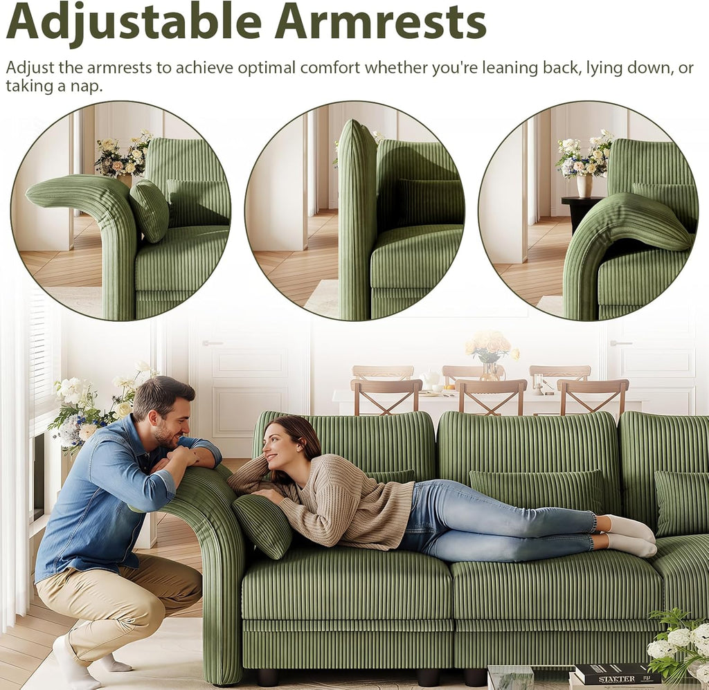LLappuil Corduroy Sectional Sofa with Storage Ottoman, L Shaped Modular Sectional Couches for Living Room with Adjustable Arms Backs, Plush Supportive Cushions, 6 Seat, Green | Tool Free Assembly