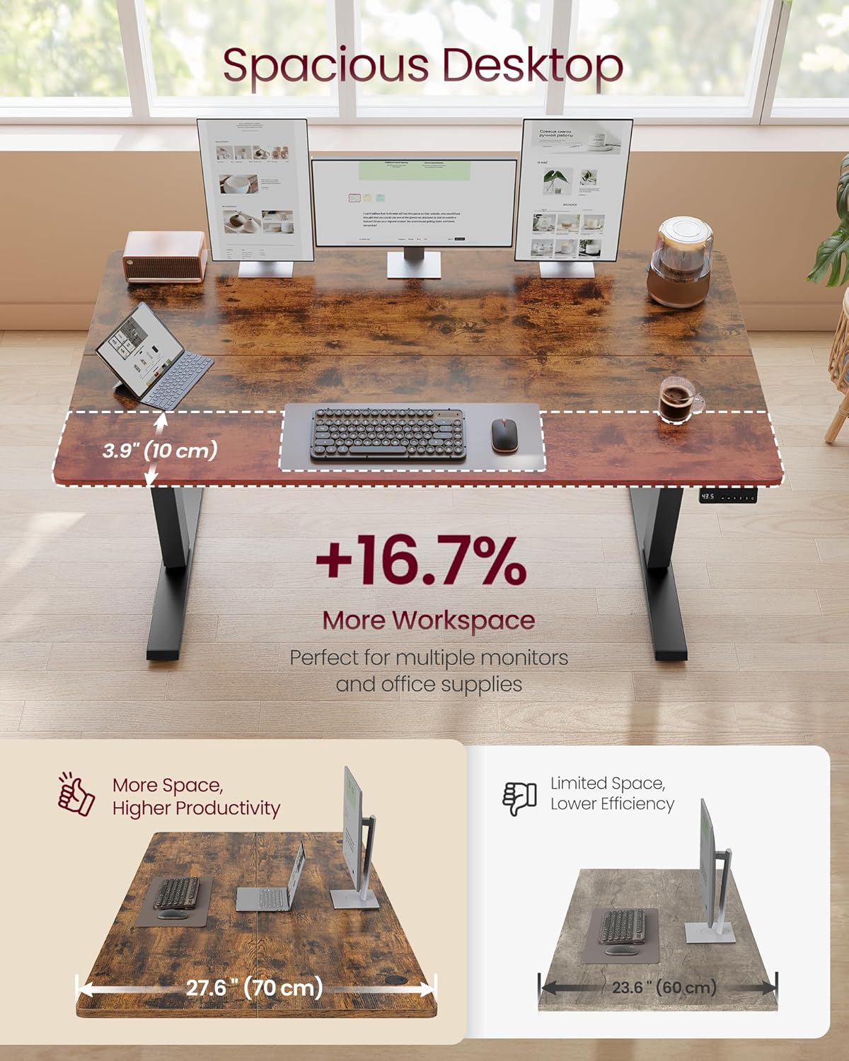 VASAGLE Electric Standing Desk, 55.1 x 27.6 Inches Height Adjustable Desk, Sedentary Reminder, 4 Memory Heights, for Home Office, Rustic Brown ULSD315KD020S
