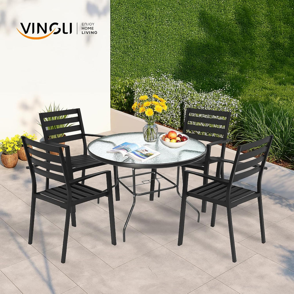 VINGLI 40'' Outdoor Dining Table with Umbrella Hole, All Weather Round Patio Table, Waterwave Tempered Glass Top and Metal Frame, for Garden Porch Balcony Yard