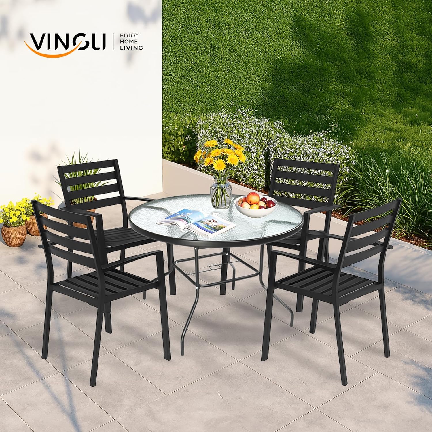 VINGLI 40'' Outdoor Dining Table with Umbrella Hole, All Weather Round Patio Table, Waterwave Tempered Glass Top and Metal Frame, for Garden Porch Balcony Yard