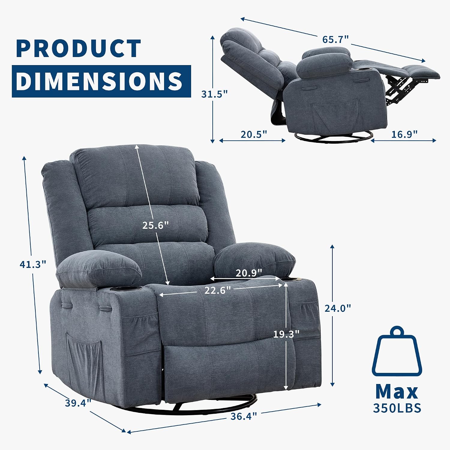 Garvee Rocking Recliner Chair Lazy boy Swivel Nursery Rocker for Adults | Wide 360° Recliner with Cup Holder Glider with Upholstered Deep Seat Linen Lazy boy chair for Living Room Blue