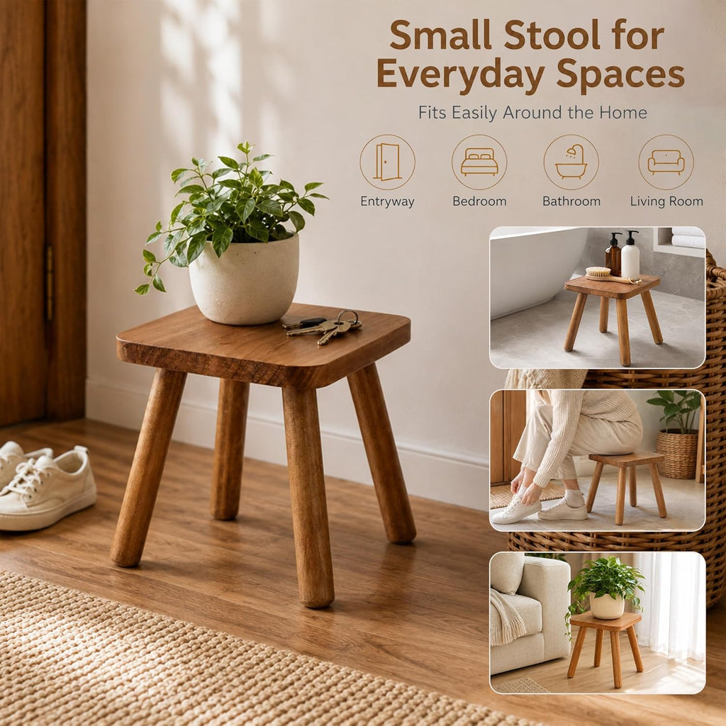9.5 Inch Small Wooden Stool, Natural Wood Foot Stool with Non Slip Pads, Compact Square Stool for Bathroom Bedroom Entryway Plant Stand Shoe Changing
