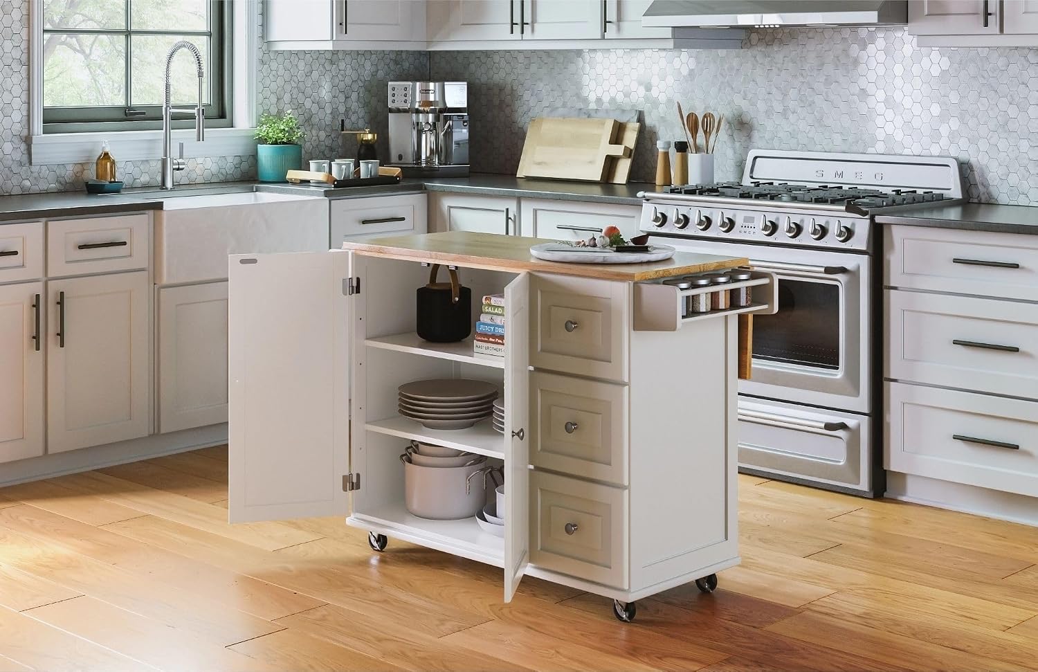 Homestyles Dolly Madison Off-White Mobile Kitchen Island Cart with Wood Drop Leaf Breakfast Bar