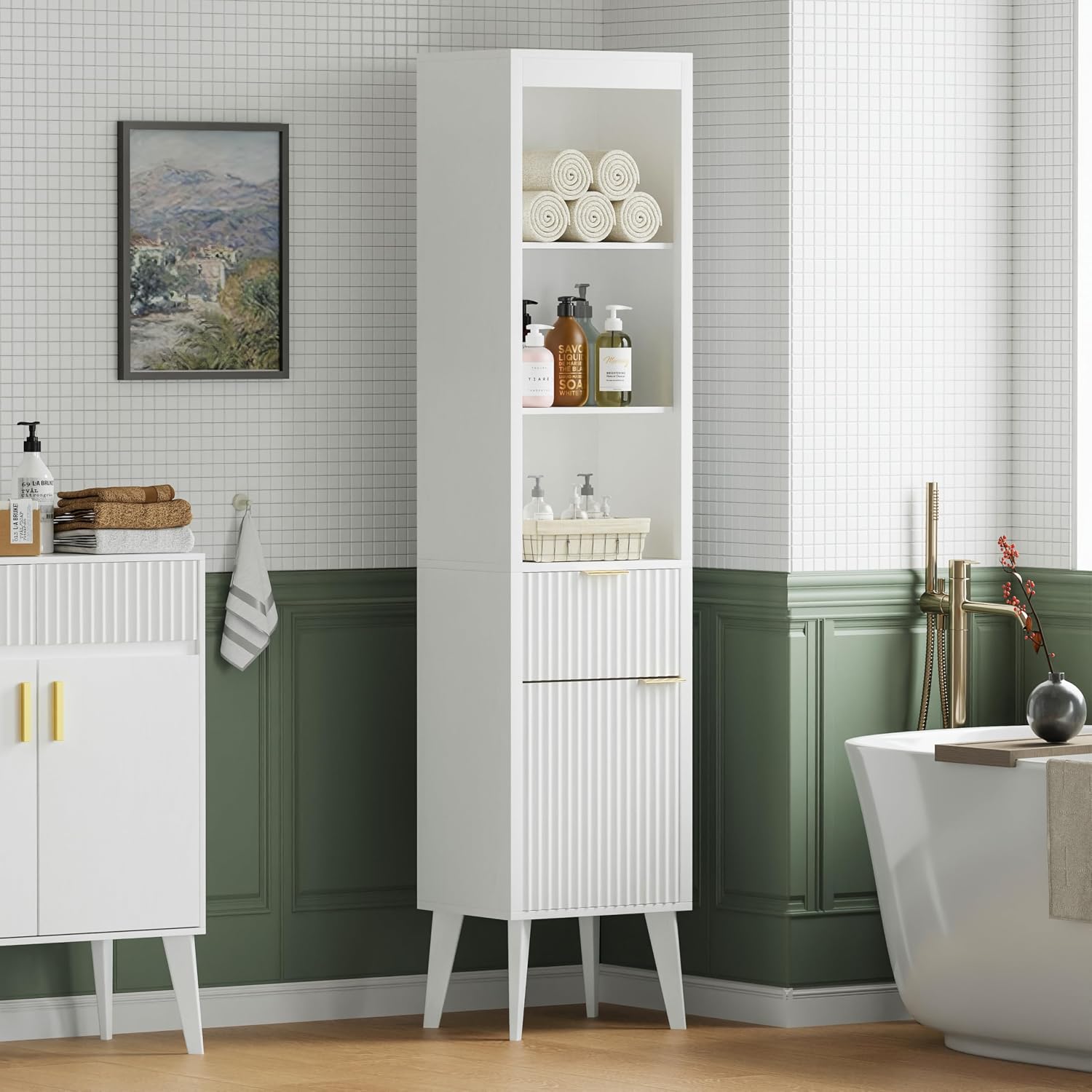 70-Inch Height Storage Cabinet with Fluted Doors, White Freestanding Modern Accent Floor Organizer for Kitchen, Pantry and Bathroom, w/Drawer & Adjustable Shelves