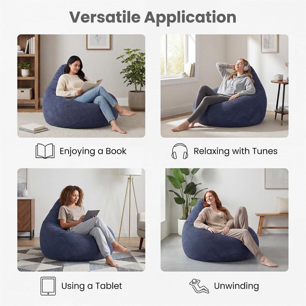 COSTWAY Bean Bag Chair for Adults & Kids, Corduroy Beanbag Chair for Teens, Comfy Sponge Filling Soft Lazy Sofa Chair for Living Room, Bedroom (Navy, 32"x35"x28")