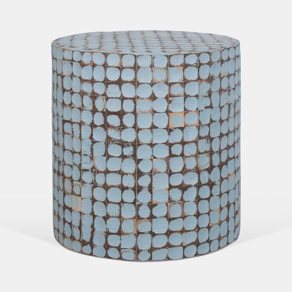 East at Main Boho Side Table Nightstand, Blue Coconut Shell End Table, Handcrafted Accent Furniture for Living Room, Bedroom, or Entryway, Coastal Rustic Decor, Small Round Accent Table