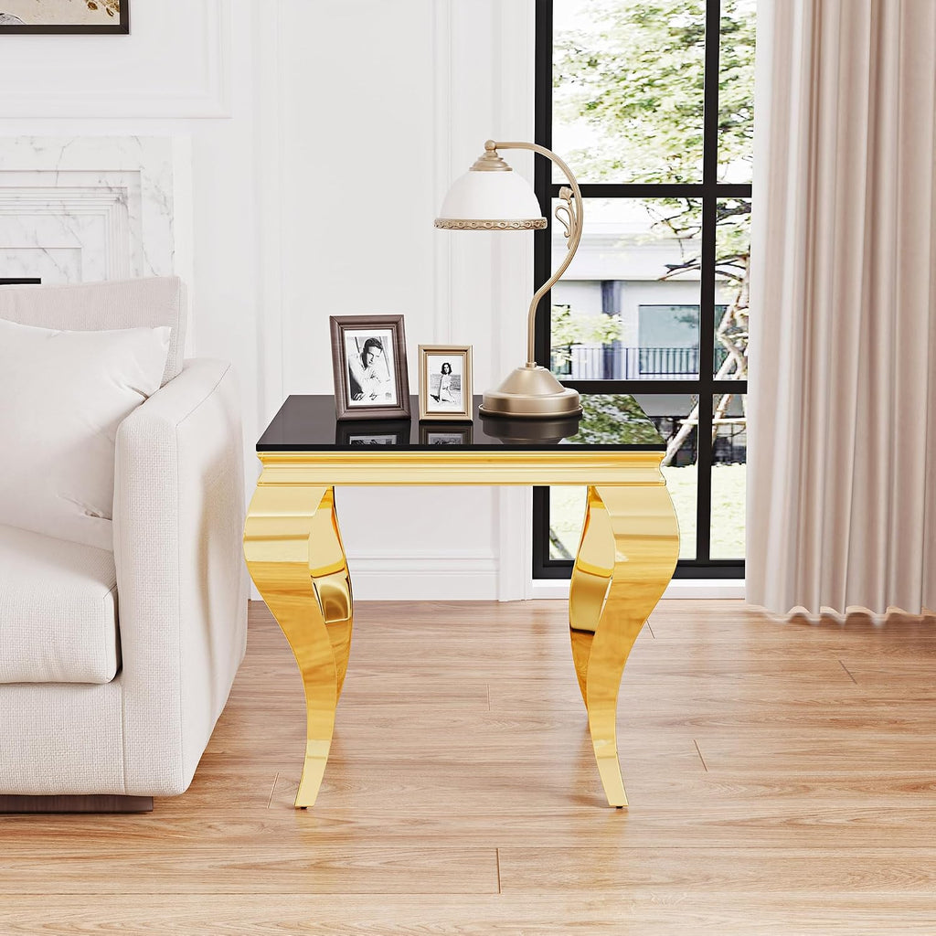 Square Glass End Table, 23" Modern Side Table with Black Tempered Glass Top and Gold Mirror-Finished Stainless Steel S-Shaped Legs, Modern Luxury End Table for Living Room or Bedroom