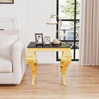 Square Glass End Table, 23" Modern Side Table with Black Tempered Glass Top and Gold Mirror-Finished Stainless Steel S-Shaped Legs, Modern Luxury End Table for Living Room or Bedroom