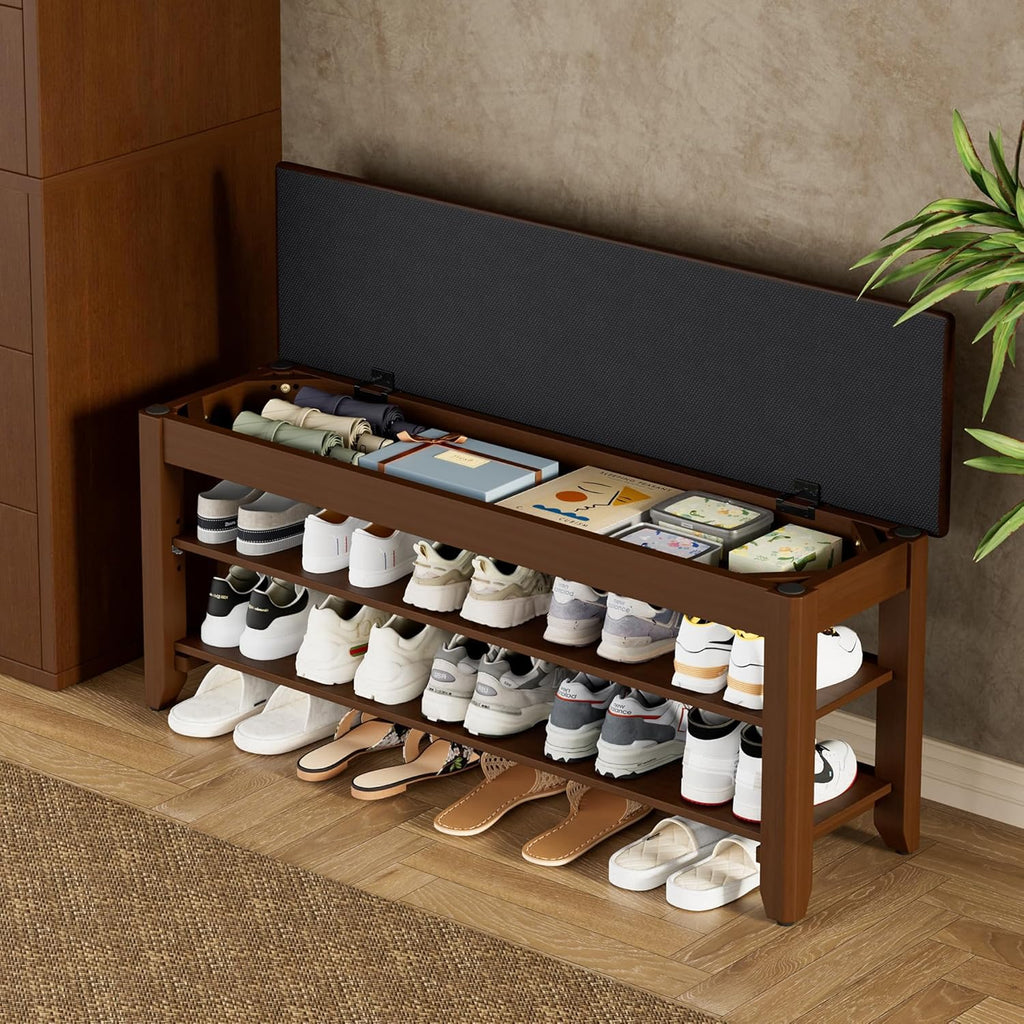Homleke 39.4" Wide Solid Wood Shoe Rack Bench with Flip-Top Storage | 2-Tier Entryway Bench with Cushion, Adjustable Shelf, Holds Up to 10 Pairs, for Hallway, Bedroom and Closet, Walnut