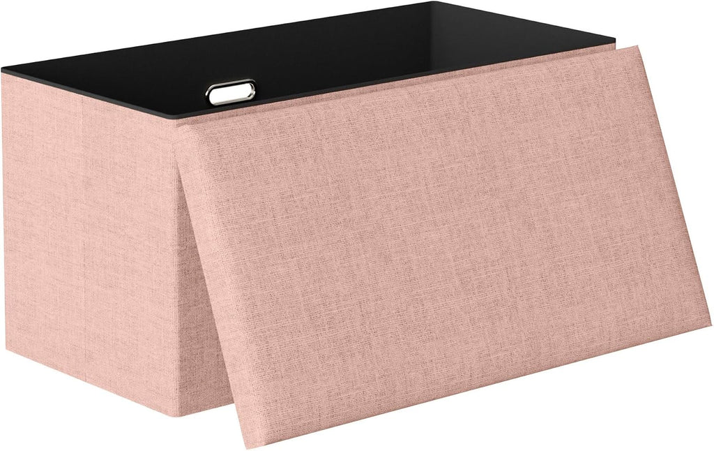 VECELO 30'' Folding Storage Ottoman Bench, End of Bed Linen Fabric Foot Rest Stool with Padded Seat, Large Footstools for Bedroom, Living Room, Load 550 lb, Pink