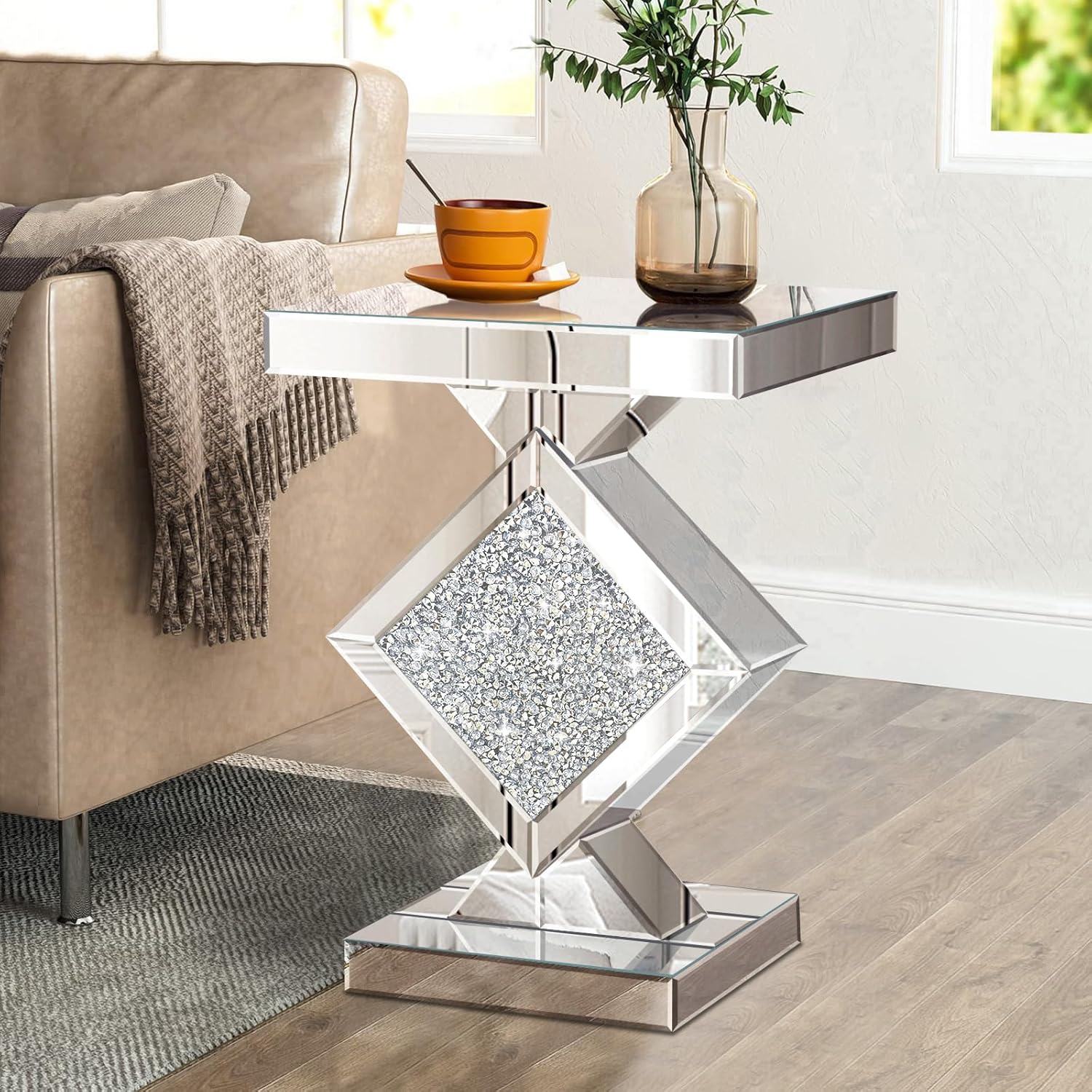 Crushed Diamond Mirrored End Table, Silver Side Accent Table, Small Mirrored Coffee Table for Living Room, Bedroom, 16"x16"x24"