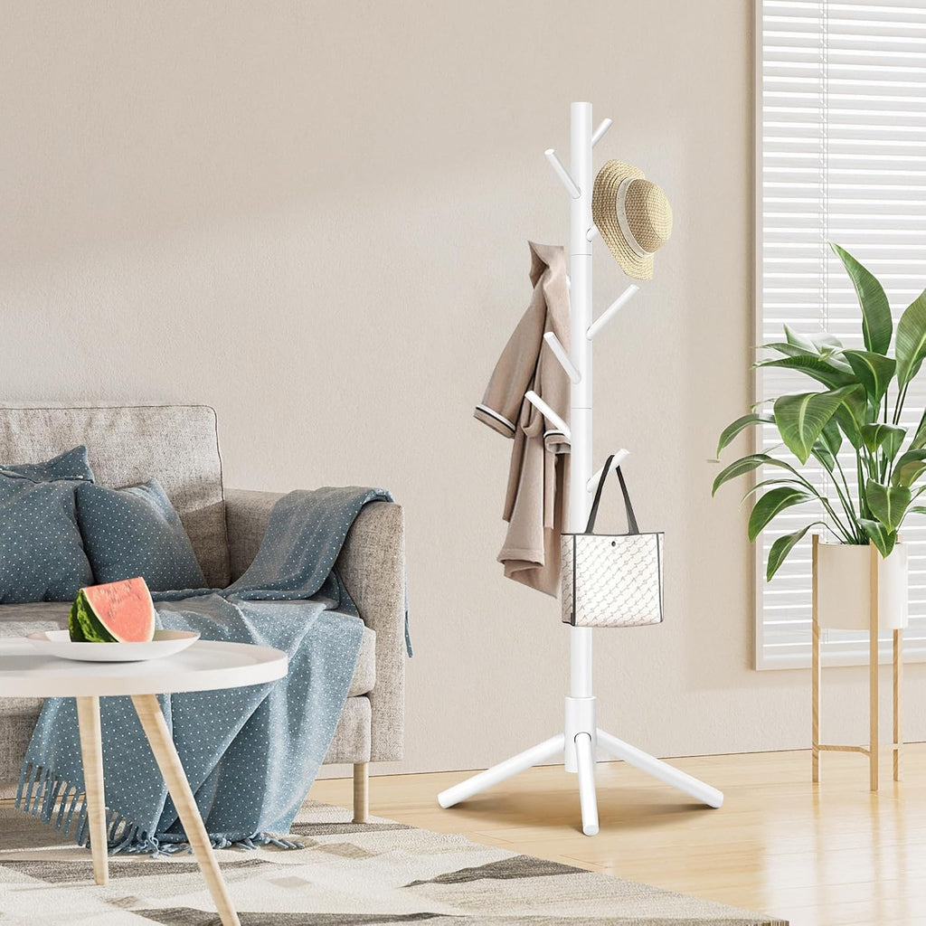 8-Hook Freestanding Coat Rack 3 Adjustable Heights White 2PCS | Easy Tool-Free Setup,Ideal for Entryway Bedroom Hallway Office,Holds Clothes Hats Handbags,Space-Saving Vertical Design