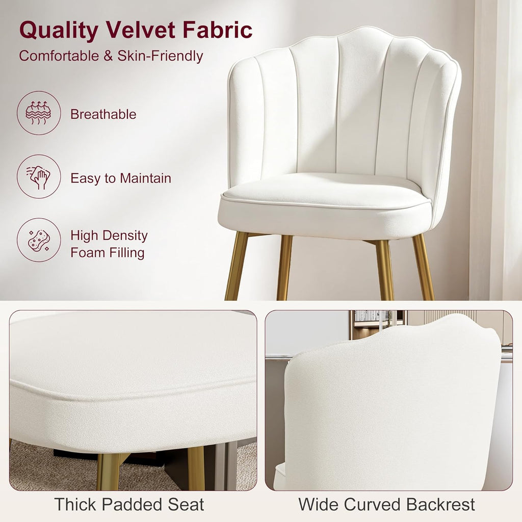 VECELO Velvet Dining Chairs Set of 2, Modern Upholstered Kitchen Chairs with Thick Cushions, Curved Padded Backrest and Metal Legs, for Kitchen, Dining Room, Living Room, White
