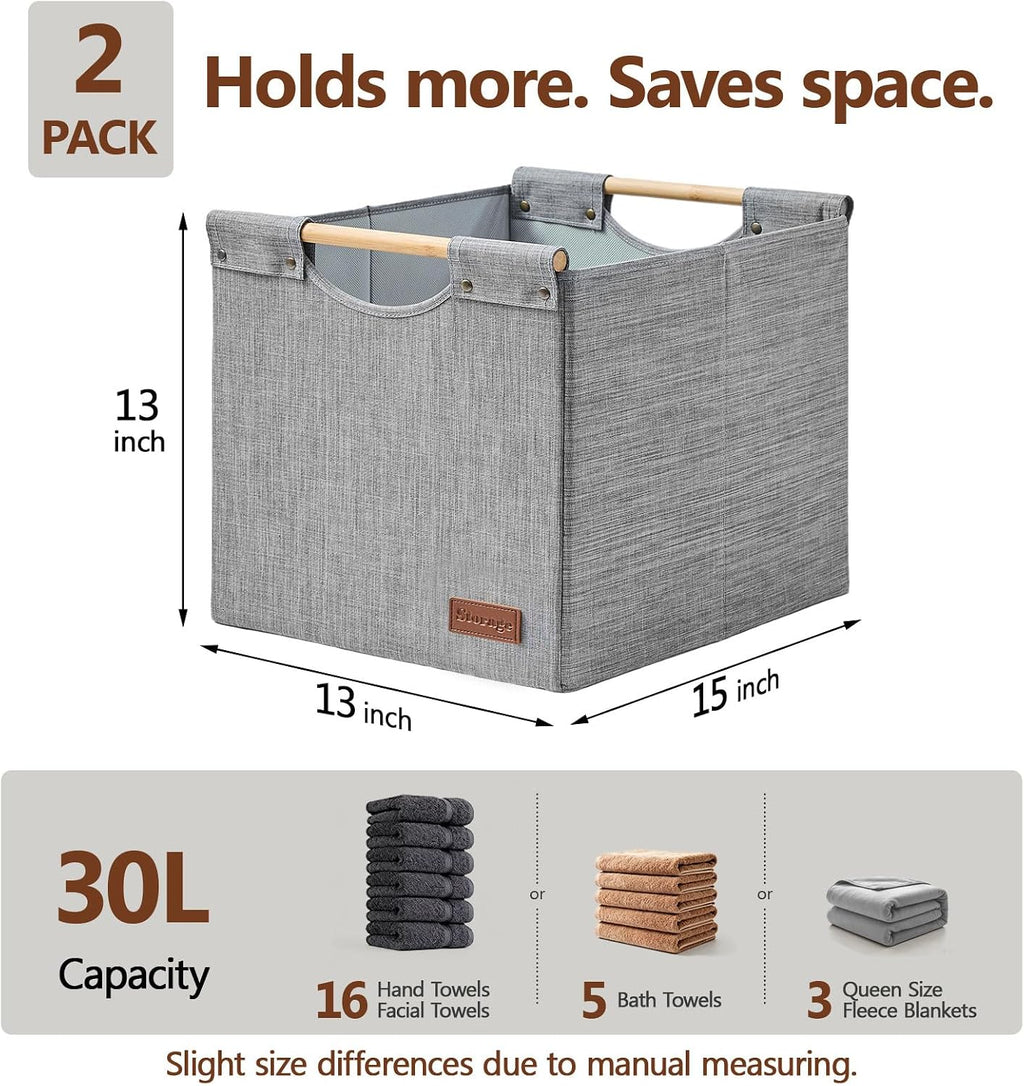 KAKAMAY 13x15x13 Inch Collapsible Fabric Storage Cubes, Grey 2-Pack with Wooden Handles, Cube Storage Bins for Kallax Shelf, Closet, Living Room, Bedroom, Nursery, Toys, Clothes, Blankets, Laundry