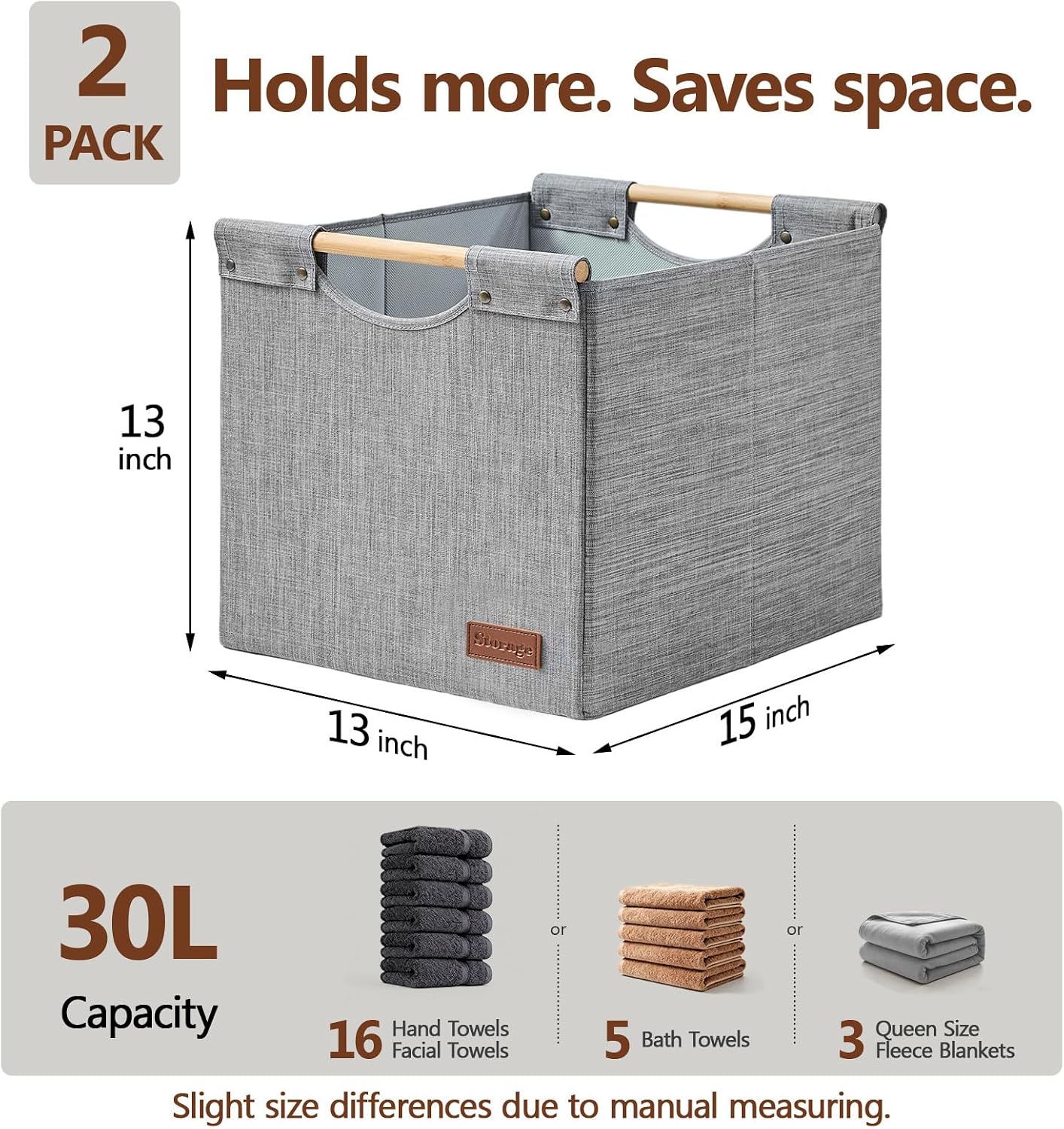 KAKAMAY 13x15x13 Inch Collapsible Fabric Storage Cubes, Grey 2-Pack with Wooden Handles, Cube Storage Bins for Kallax Shelf, Closet, Living Room, Bedroom, Nursery, Toys, Clothes, Blankets, Laundry