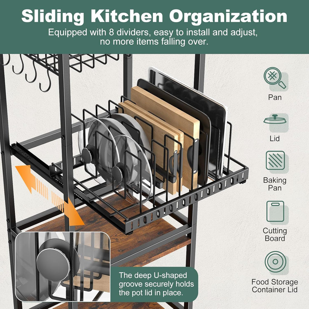 Housolution 5 Tier Kitchen Rolling Cart, Storage Cart with Metal Fruit Vegetable Basket and Pull-Out Pot Lid Cutting Board Organizer, Storage Rack with Wooden Top for Kitchen, Pantry, Bathroom, Brown