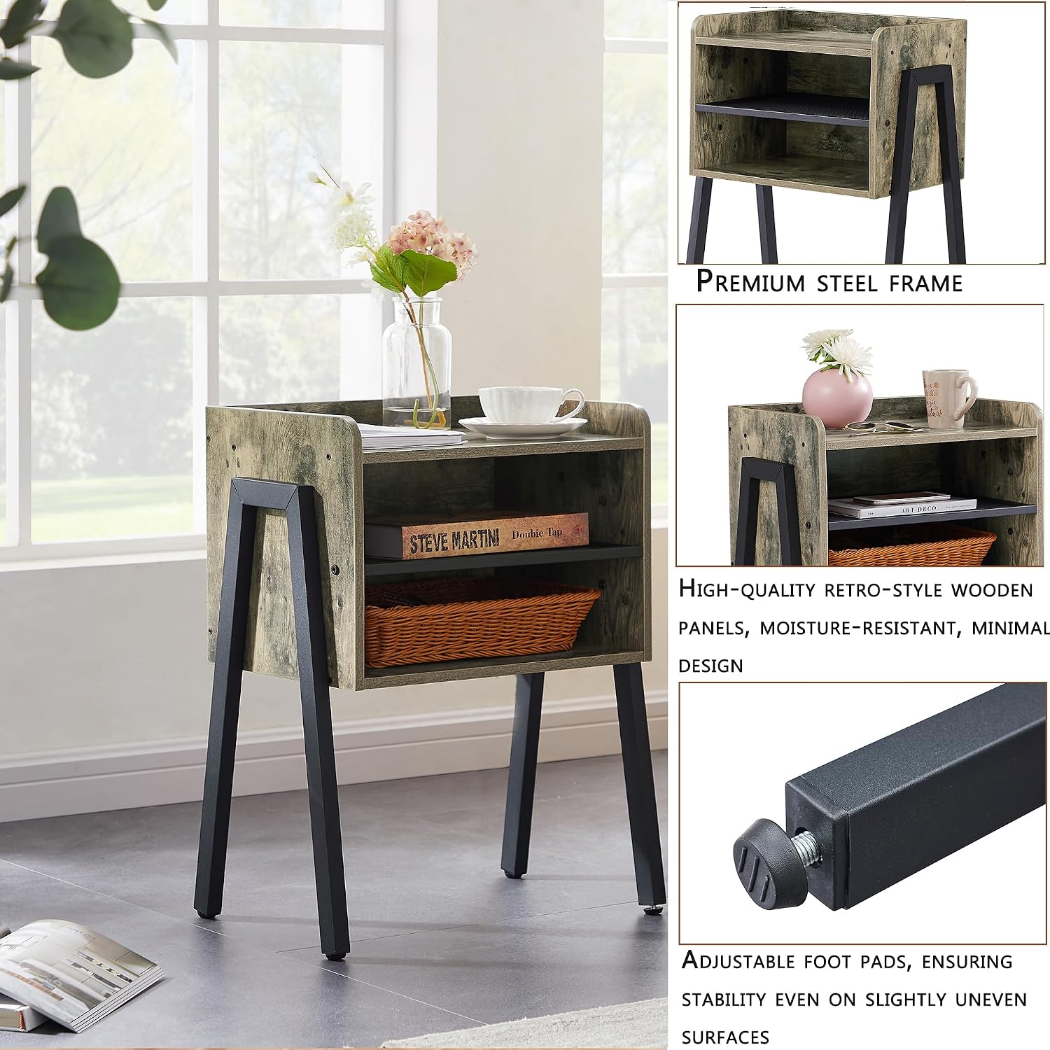 VECELO Night Stand Industrial End Table,Stackable Accent Furniture Bedside Table with 2-Tier Open Storage Space Side Table Nightstands for Bedroom, Living Room